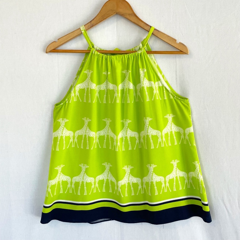 Crown & Ivy Size Large Halter Neck Tank Top Lime Green & Blue w/White Giraffes
